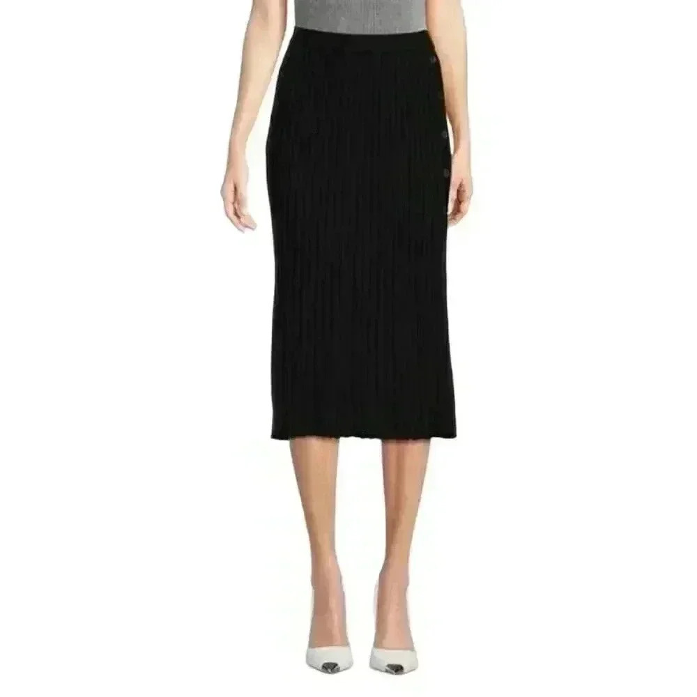 Adrianna Papell Women's Black Viscose/Poly Ribbed Knit Straight Skirt w Buttons